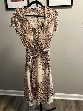 Ruffled Wrap Dress in Cream and Brown Animal Print